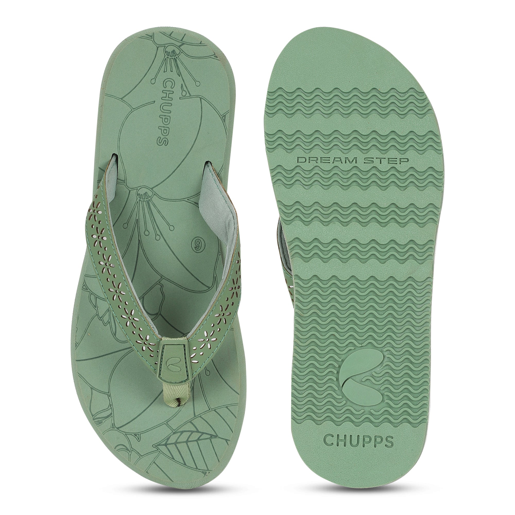 Top and upside down view of green flip flops