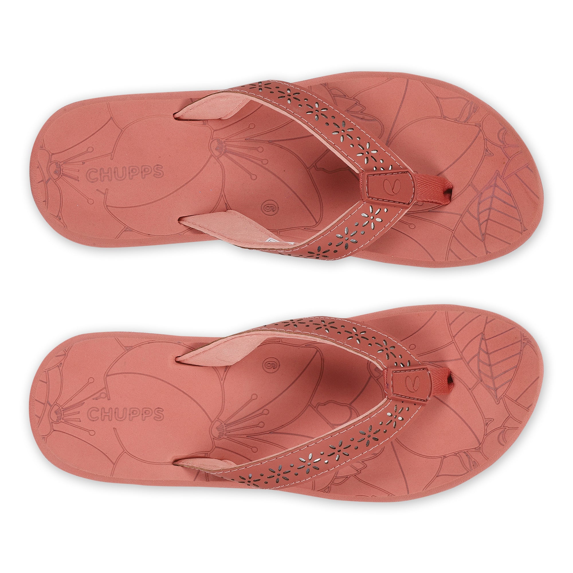 Peach flip-flops for women top view with floral flip-flop