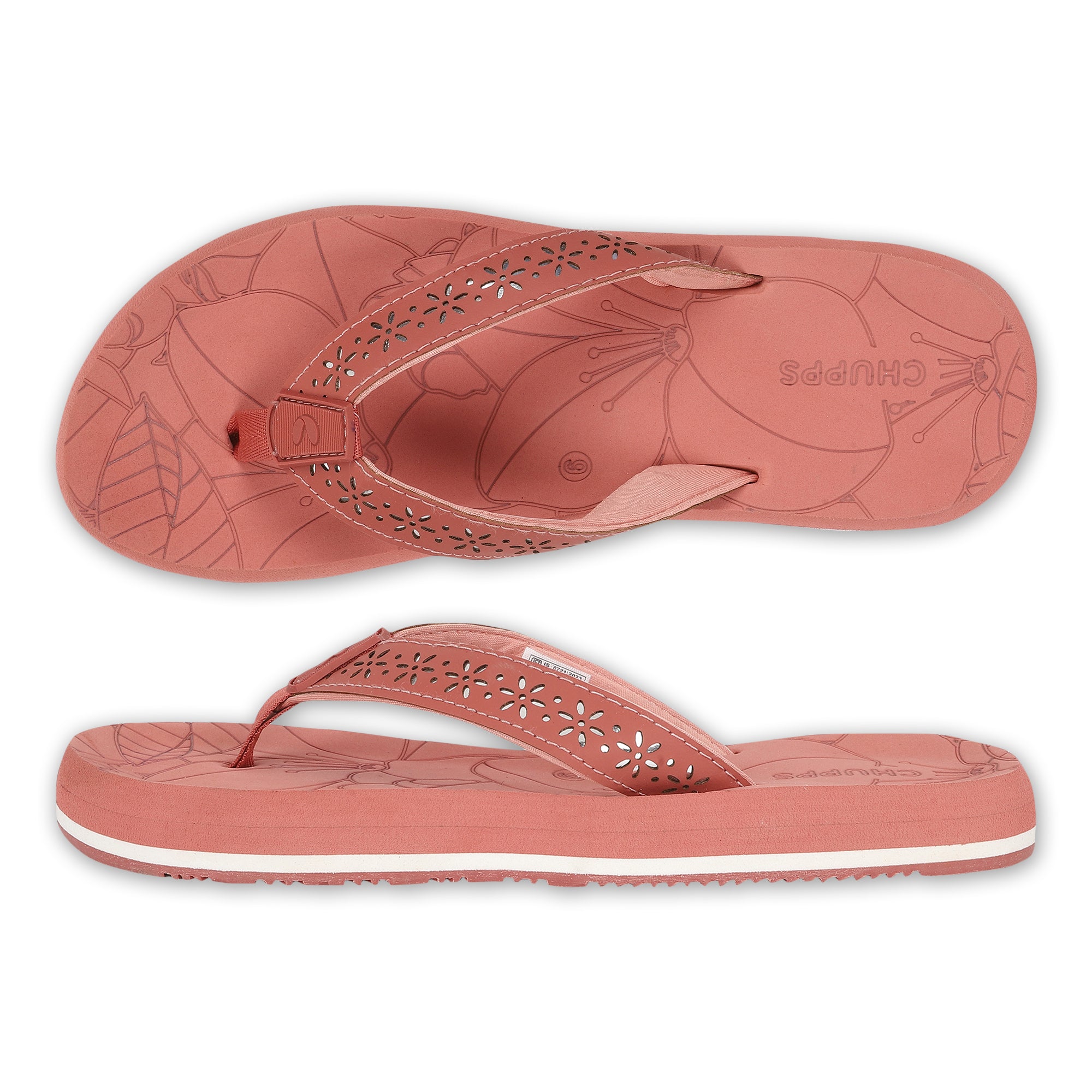 Peach flip-flops for women top and side view with floral V-strap