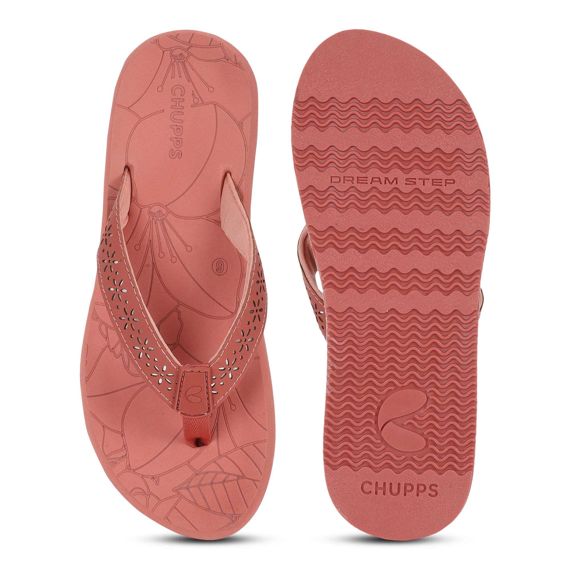 Peach flip-flops for women top and upside down view with floral flip-flop