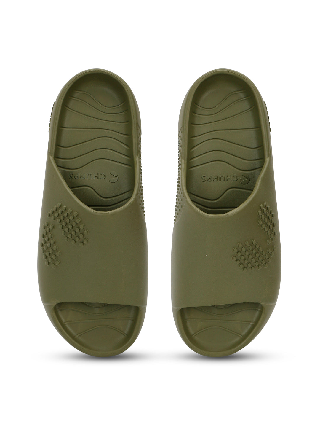 Upside view of olive green slides with textured top on a white background