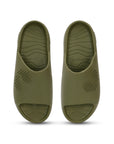 Upside view of olive green slides with textured top on a white background