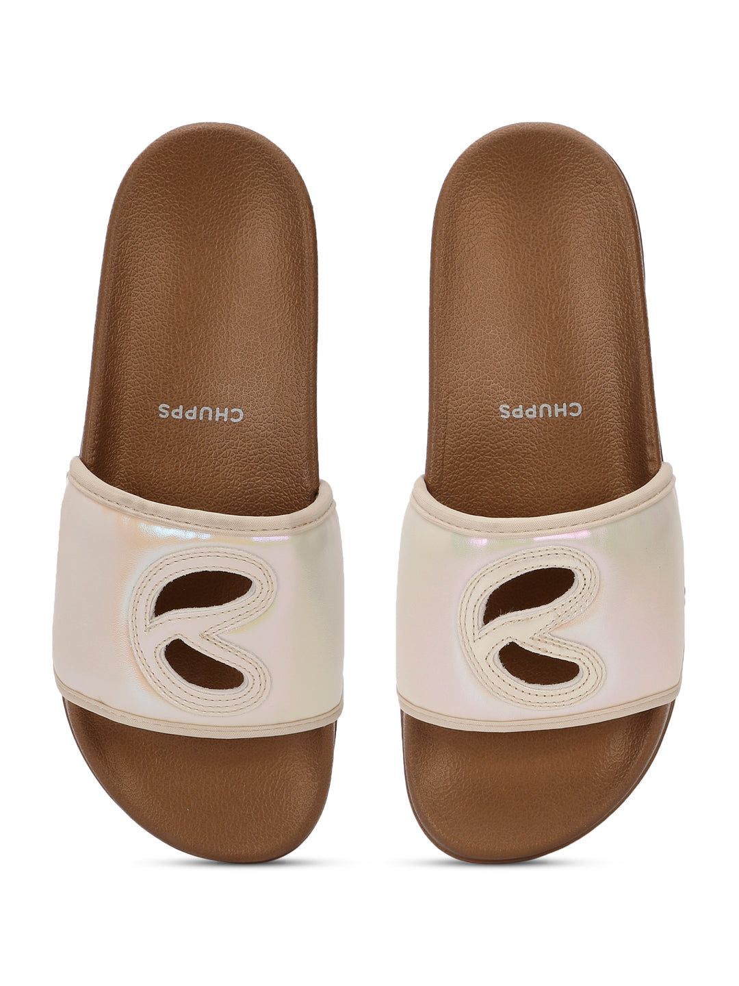 Alara women’s bronze festive luxe sliders with glossy finish