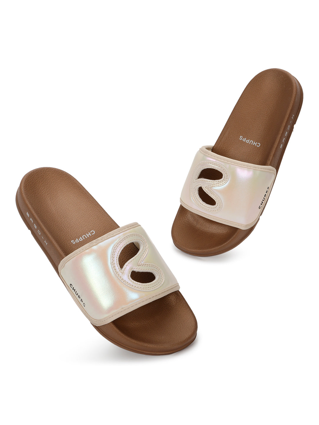 Alara women’s bronze festive luxe sliders with glossy finish