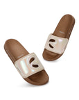 Alara women’s bronze festive luxe sliders with glossy finish