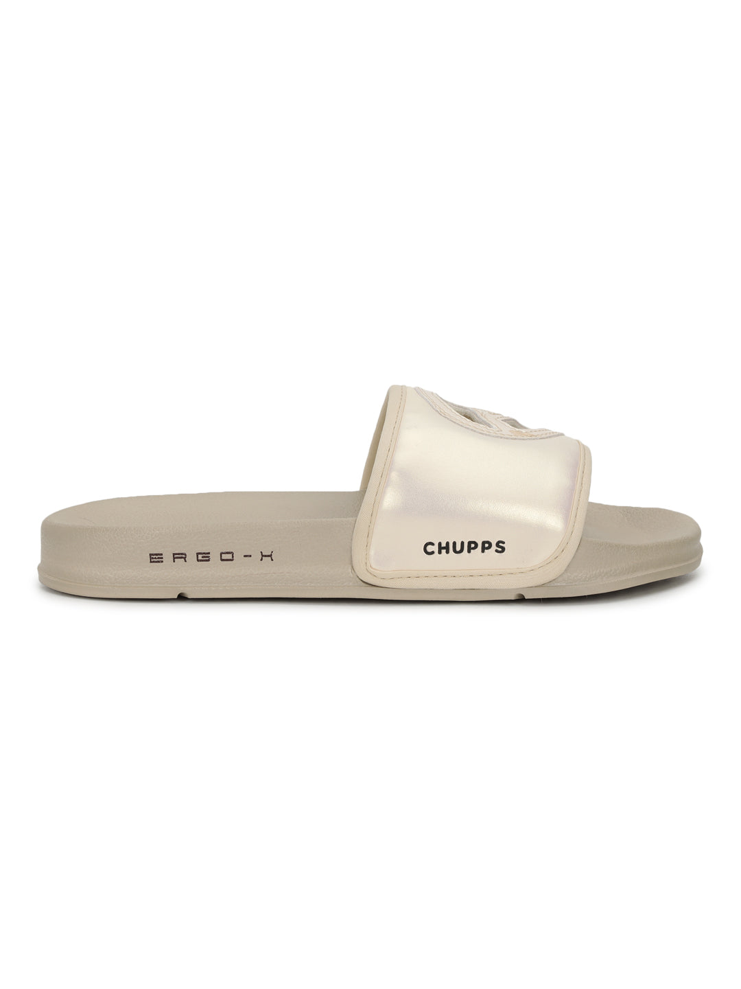 Beige slide sandal with a clear jelly-like design on a white background
