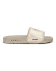 Beige slide sandal with a clear jelly-like design on a white background