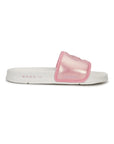 Side view of Alara women’s pink light festive sliders with glossy finish