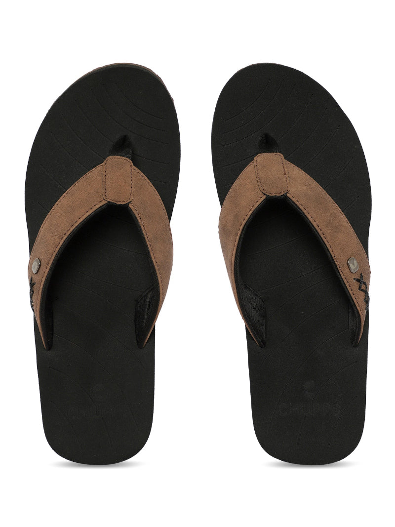 brown & black flipflops highlighting neoprene toe post.