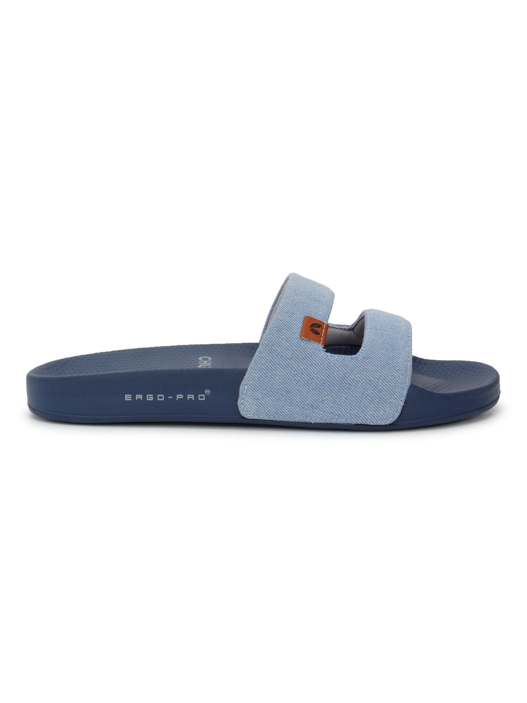 Chupps Zella Sky Blue Denim Sliders with sky blue denim strap and central cut-out.
