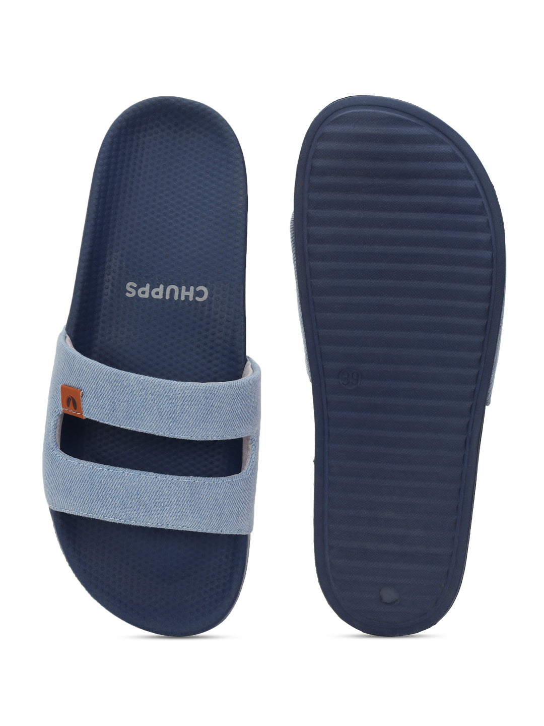 Close-up of central ventilation cut on the sky blue denim strap and the Ergo X sole grip