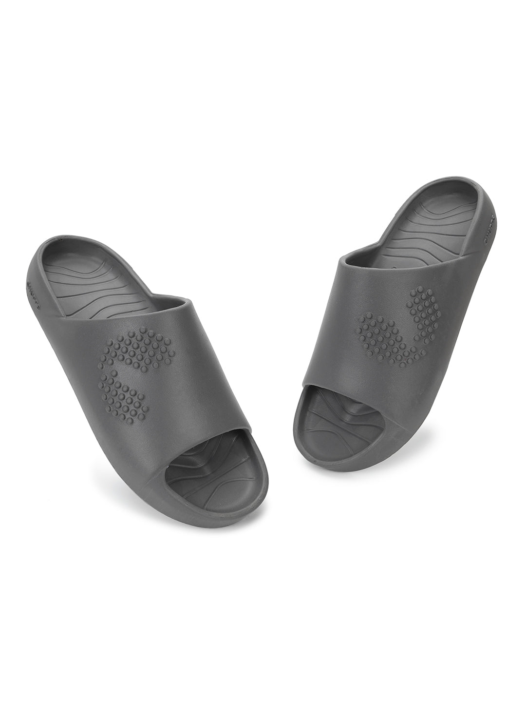 Tilted picture of Ash Grey Chupster waterproof slider with open toe and sealed edges .