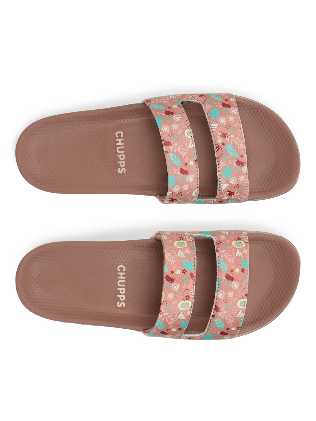 Pair of brown Mimo sandals with floral straps on a white background