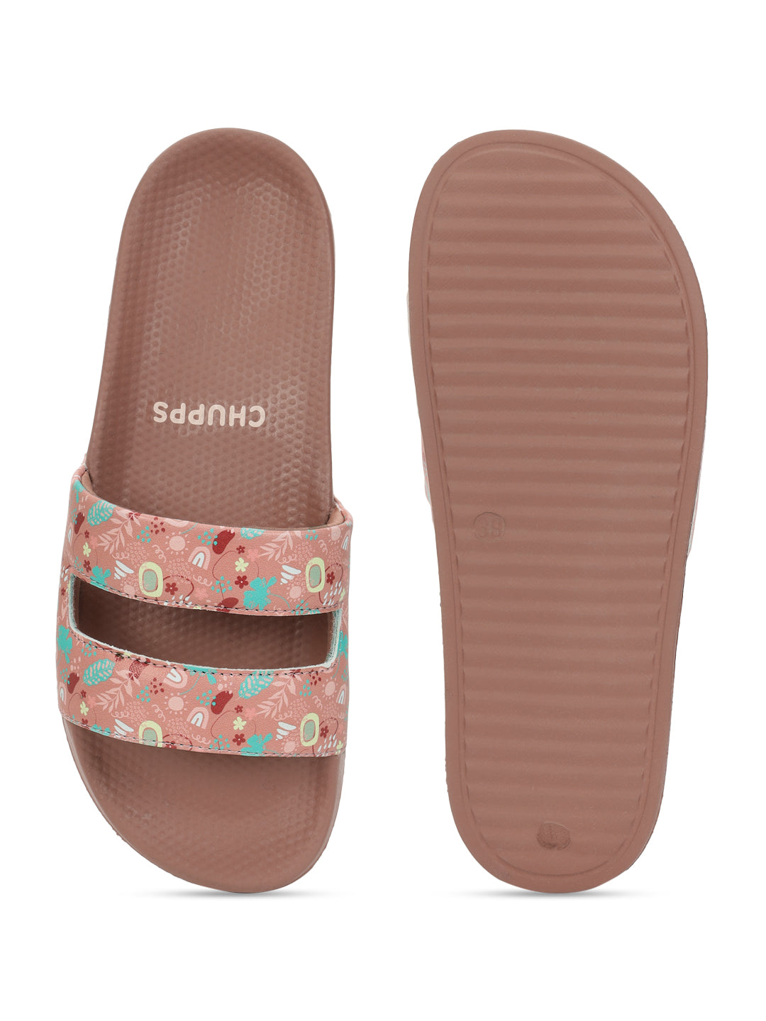 Top-close image of floral print, curved upper and sole