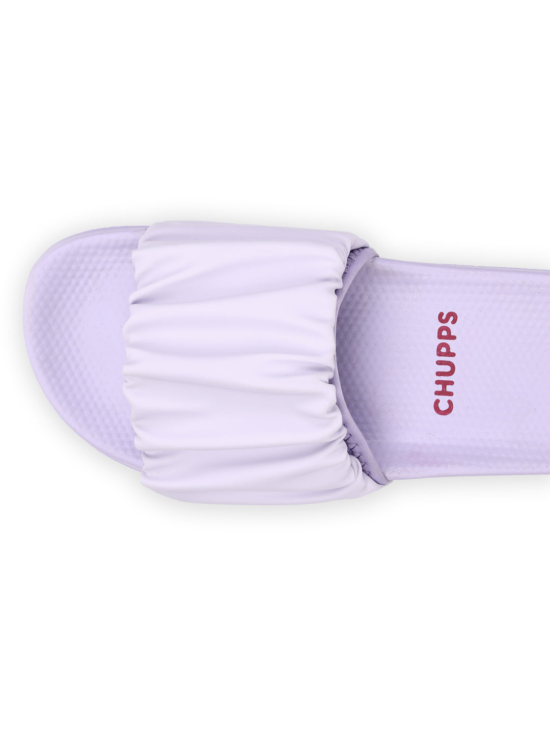 Close-up of the gathered strap seam and ruffle texture on the lavender upper.