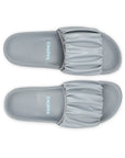 Chupps Ruffel grey ruffle slider showing gathered upper and neutral tone.