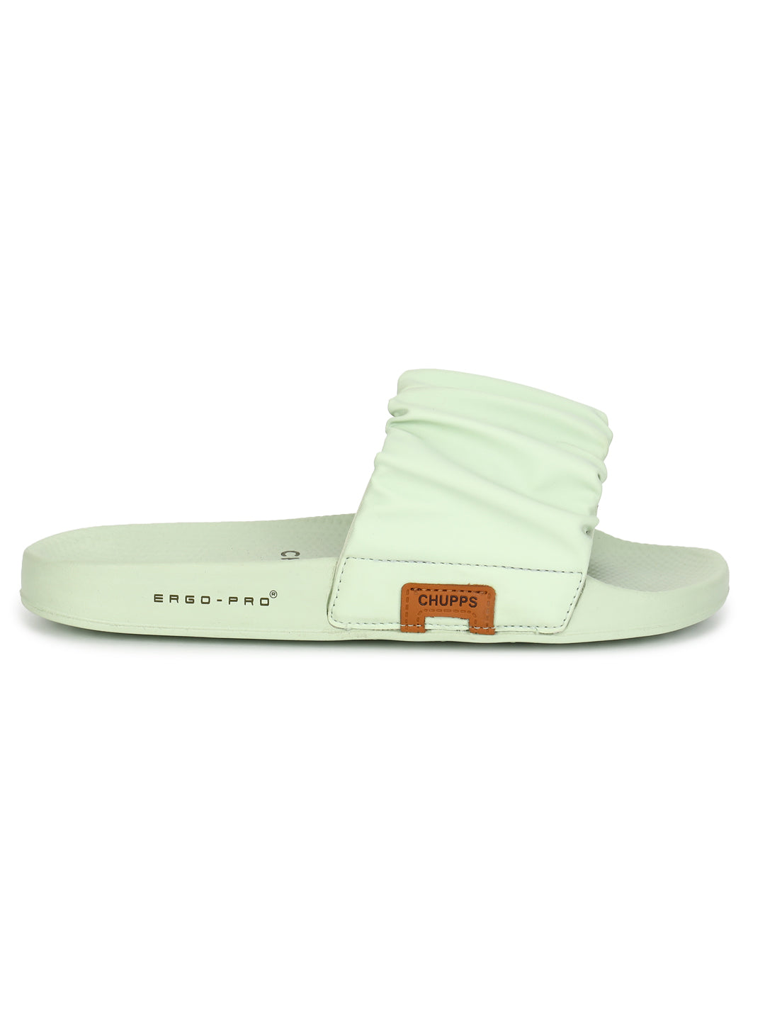 Light green sandal with subtle Chupps side label on a white background