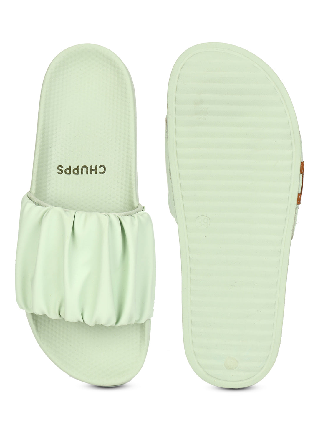 Close-up of gathered ruffle texture on light green strap and Ergo pro sole