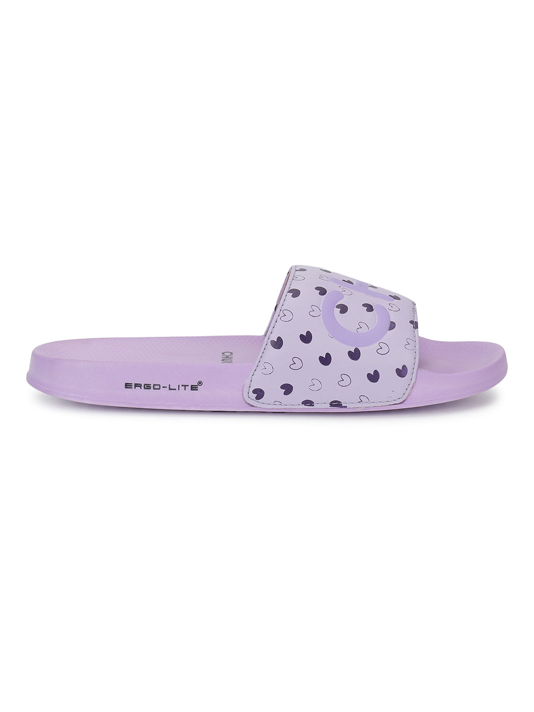 Side view of purple slider with heart motif design