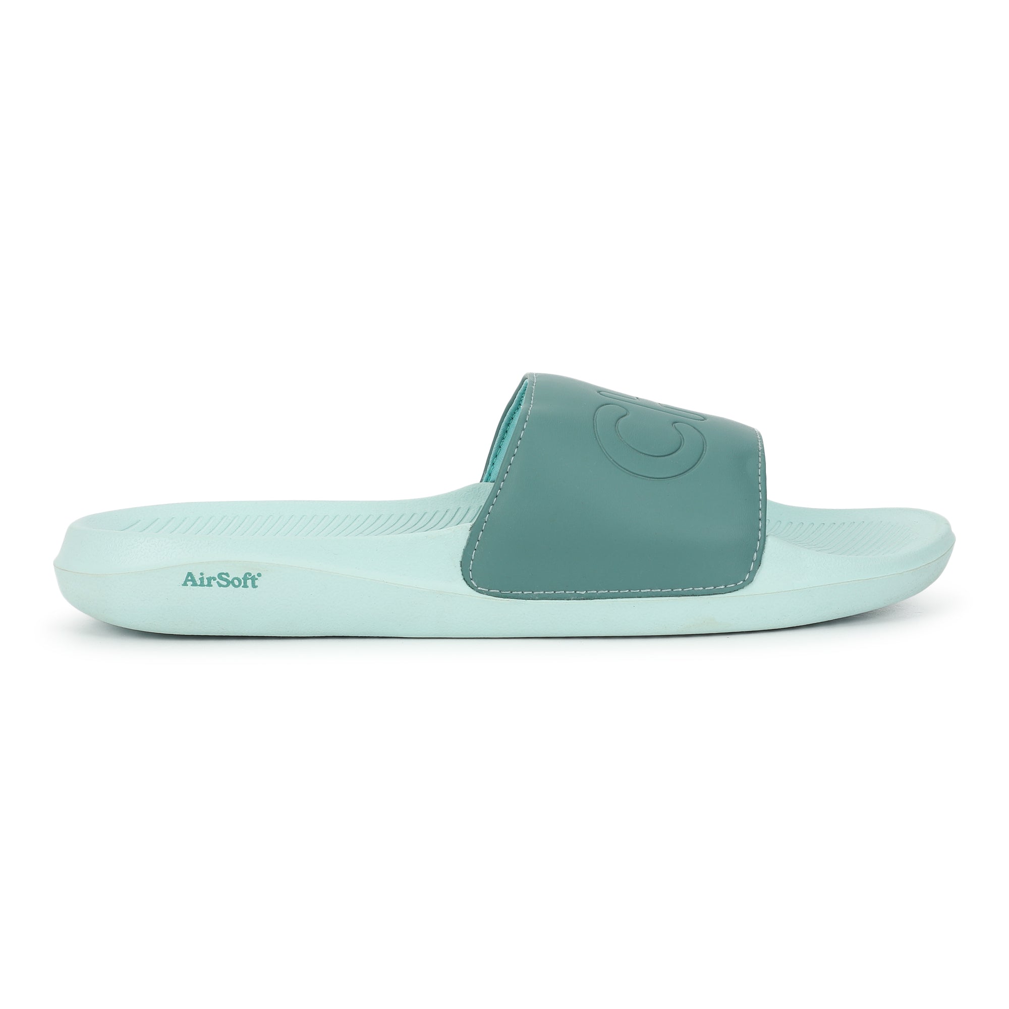 Lime green sliders for men with cushioned AirSoft Sole on a white background