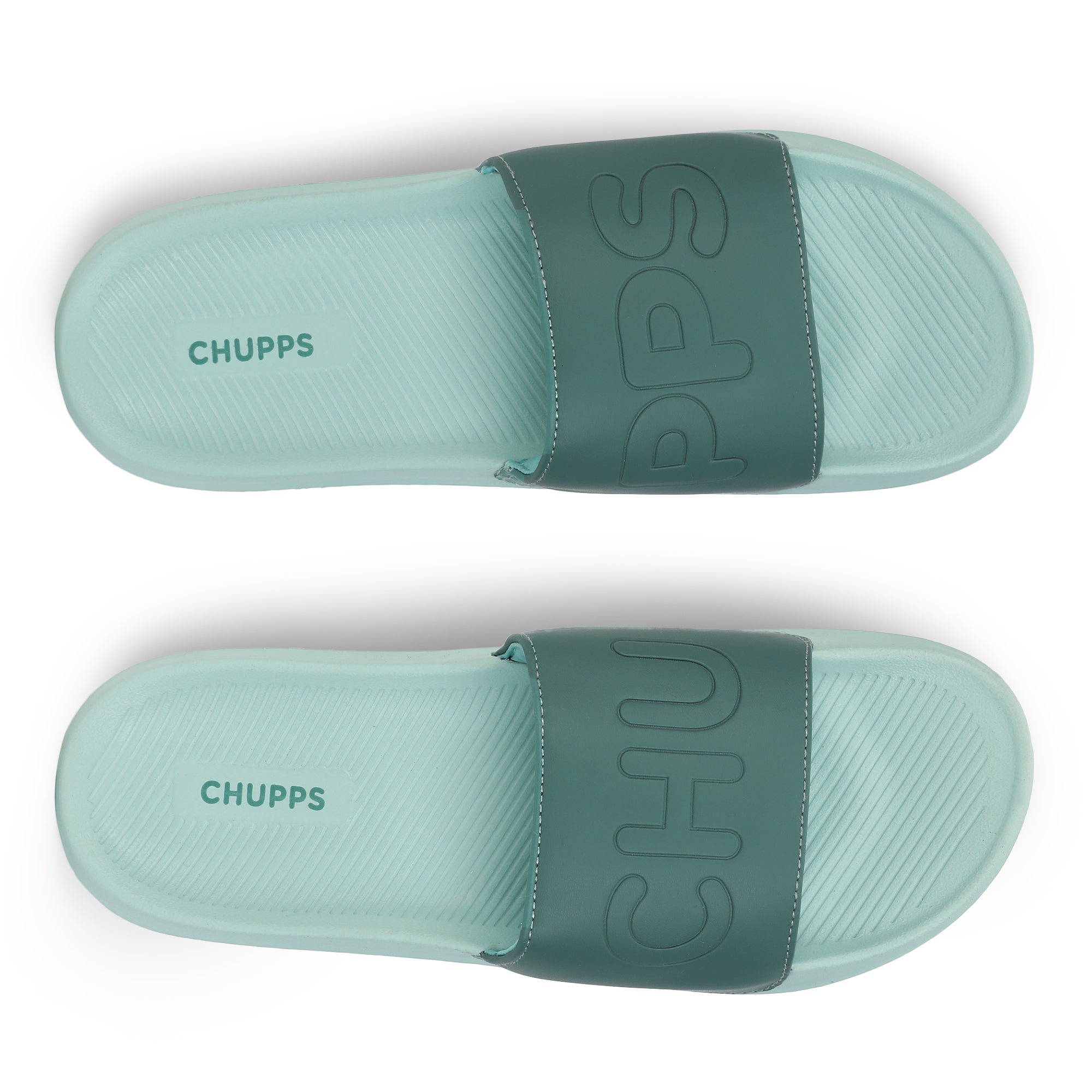 Chupps lime green sliders side view showcasing branded upper strap