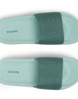 Chupps lime green sliders side view showcasing branded upper strap