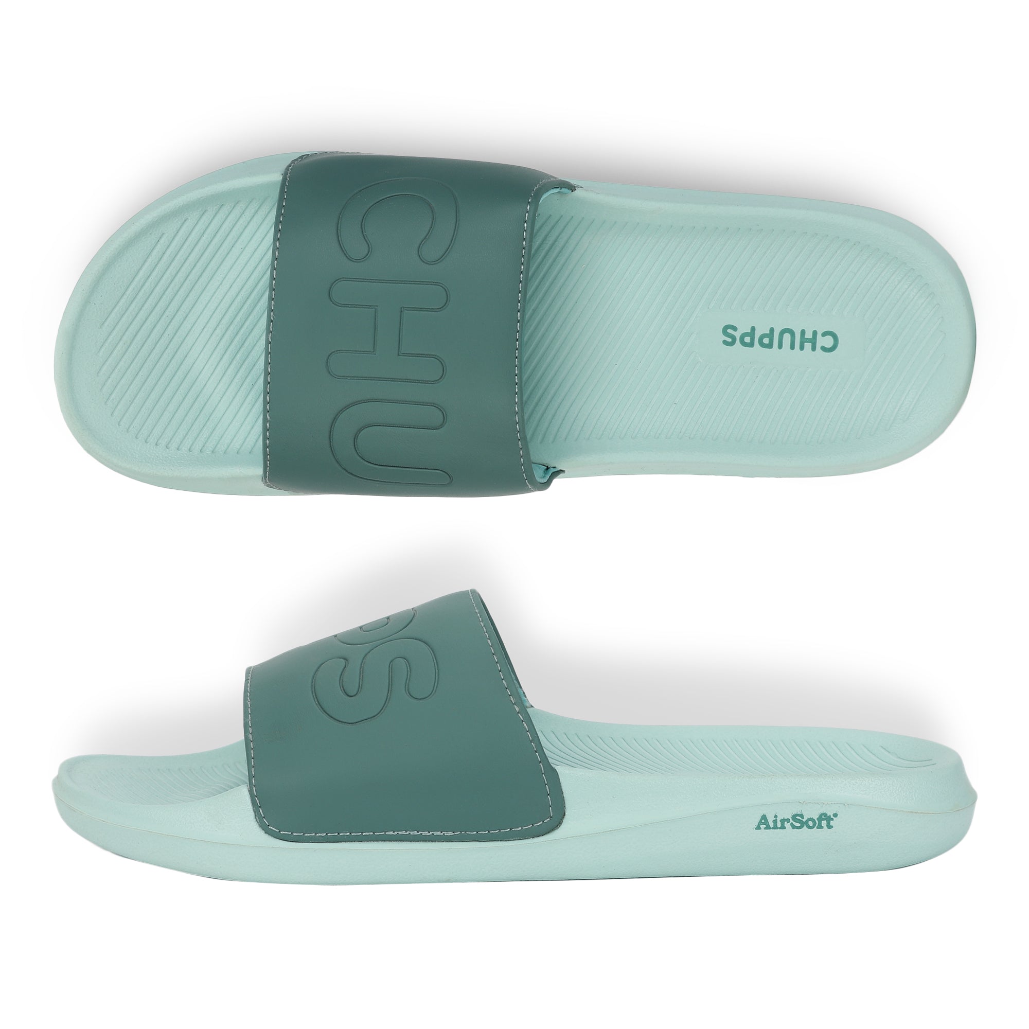 Chupps lime green sliders side view showcasing branded upper strap