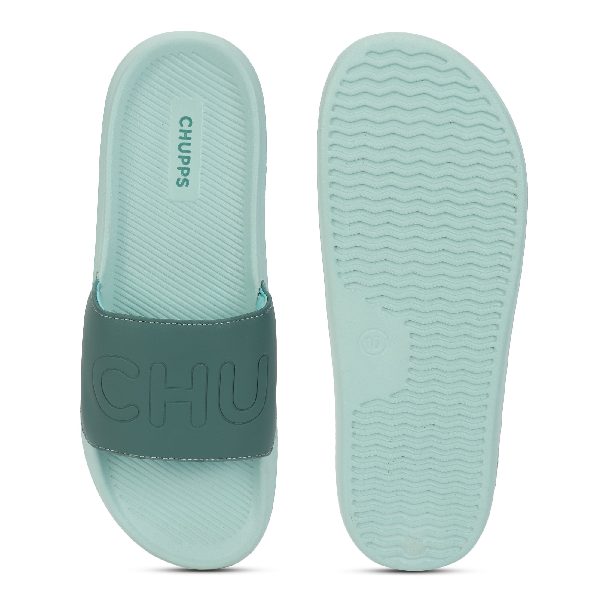 Close-up of Chupps Pure Lime Green Slider showing upper strap and grip sole