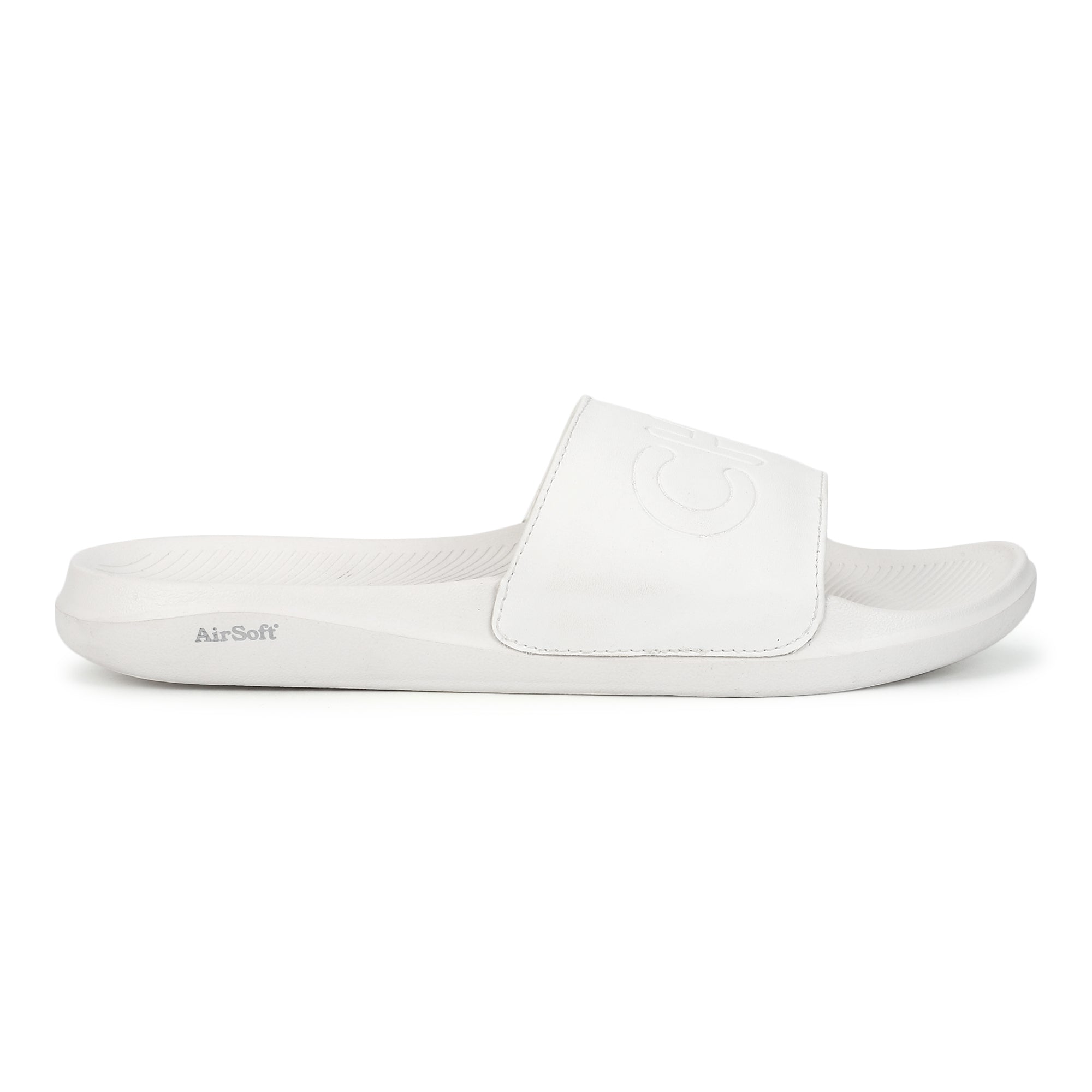 White sliders for men with cushioned AirSoft Sole on a white background