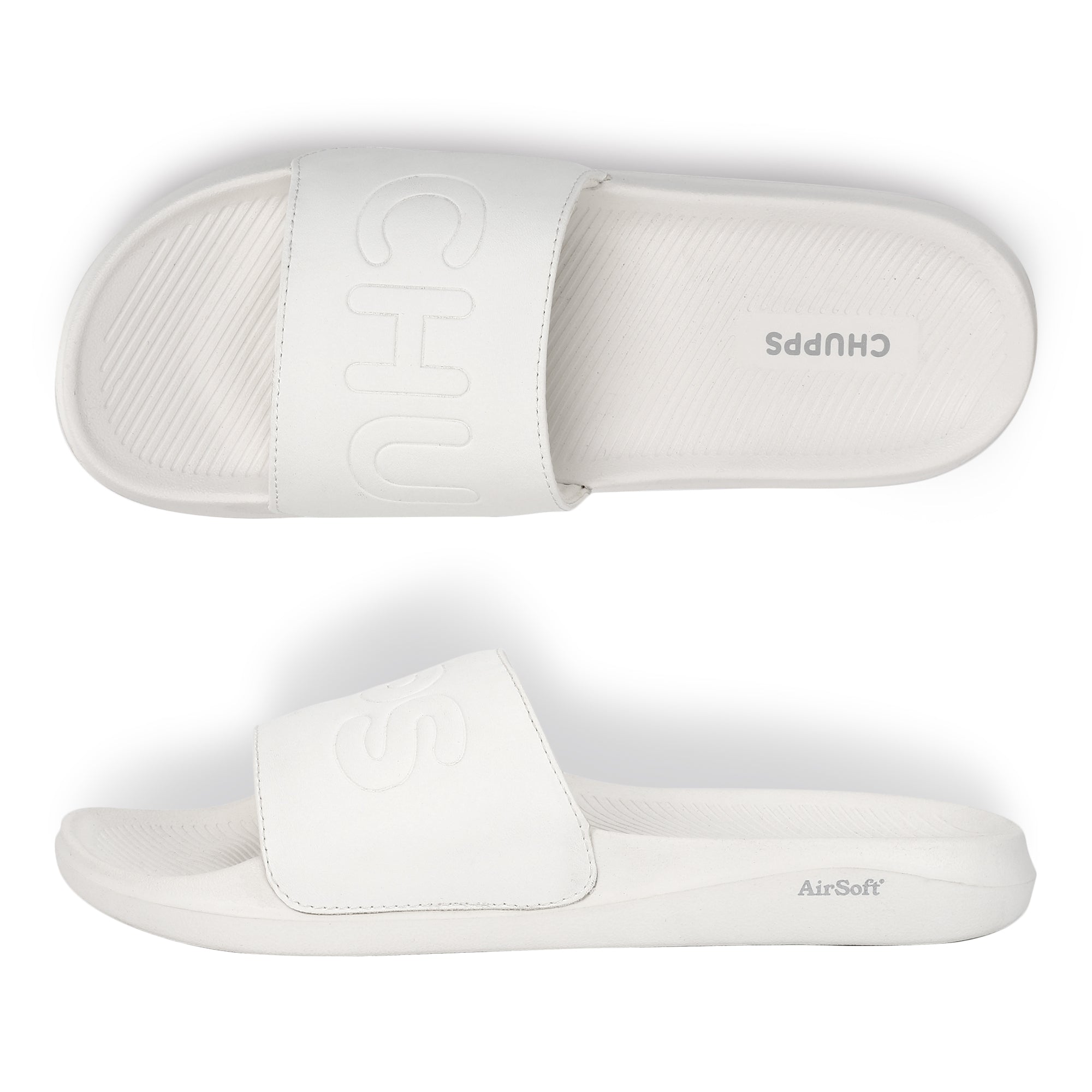 Chupps white sliders side view showcasing upper strap and side view