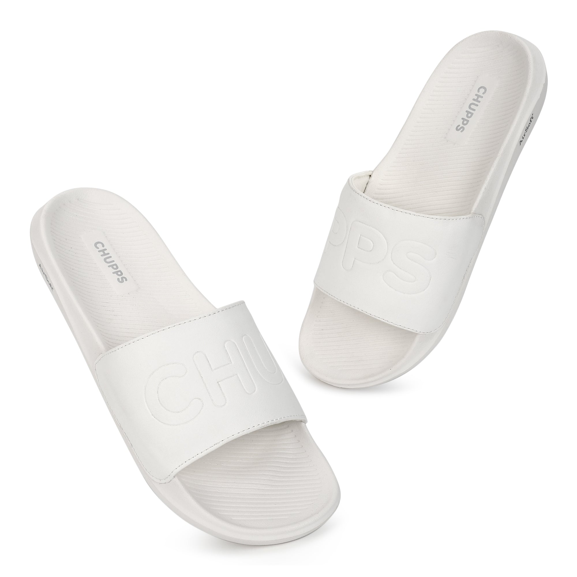 White sliders for men with cushioned AirSoft Sole on a white background