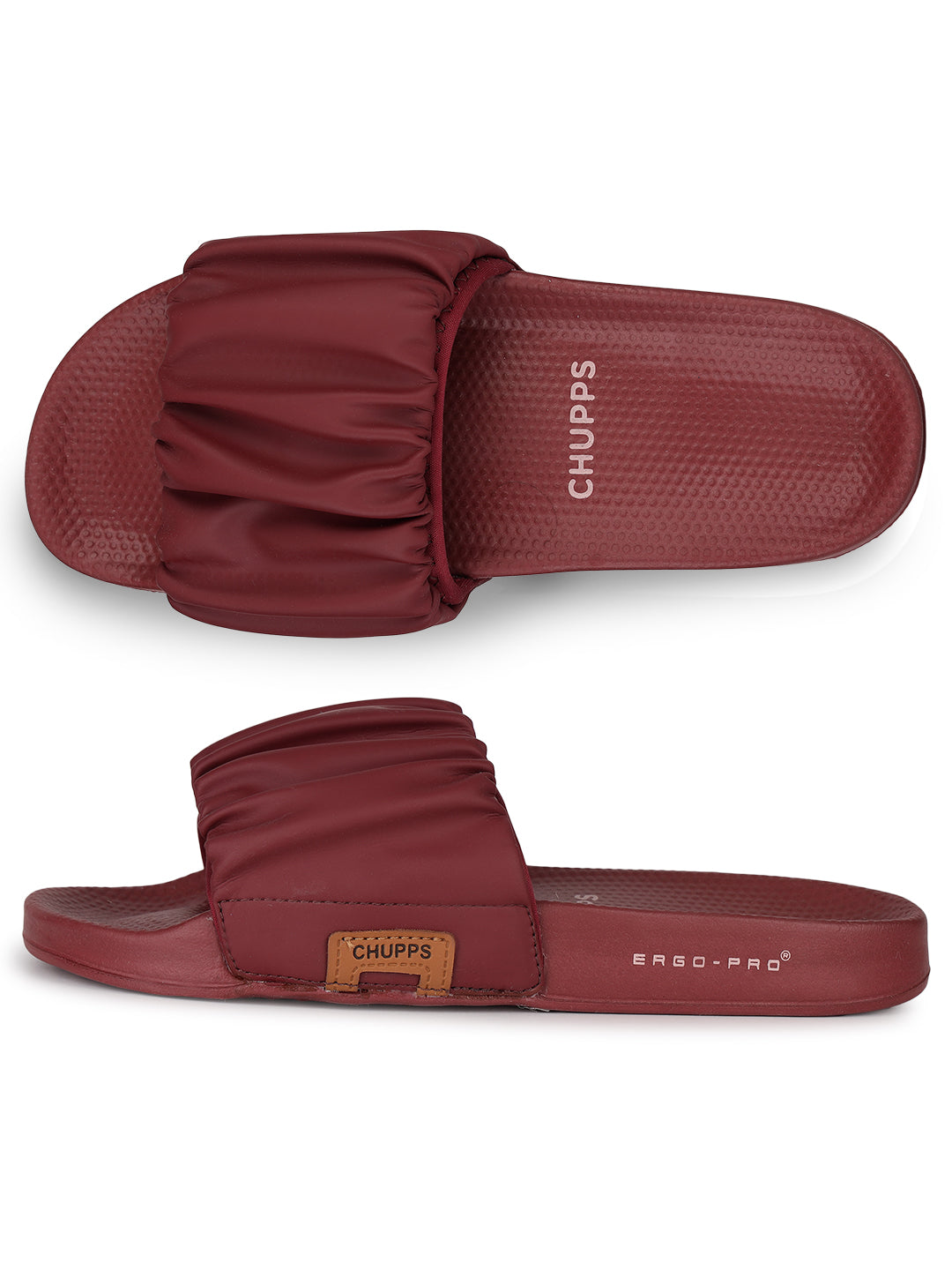 Red slide sandals with ruched design on a white background