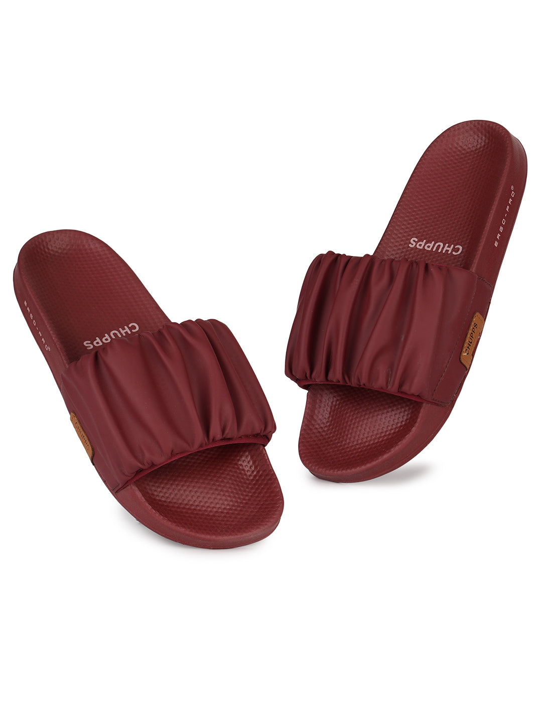 Chupps Ruffel maroon ruffle slider showing gathered upper and maroon tone.