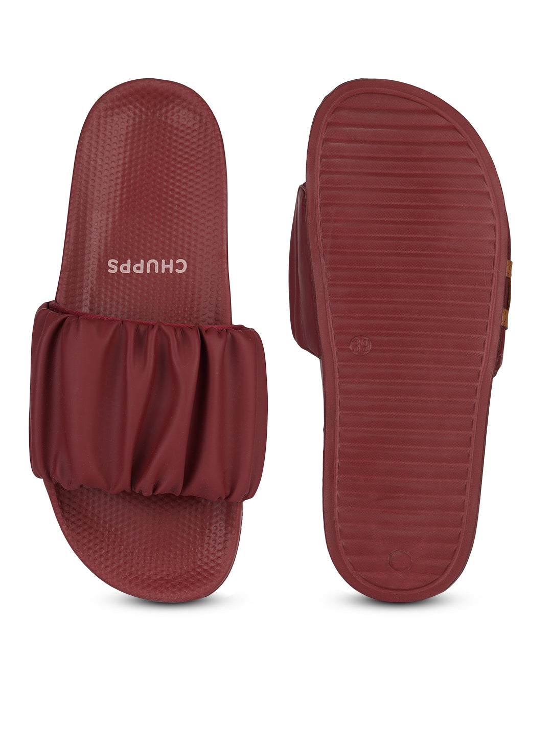 Close-up of gathered ruffle texture on maroon Chupps Ruffel upper.