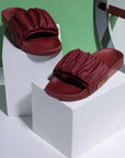 Maroon slides on a white block with a green background