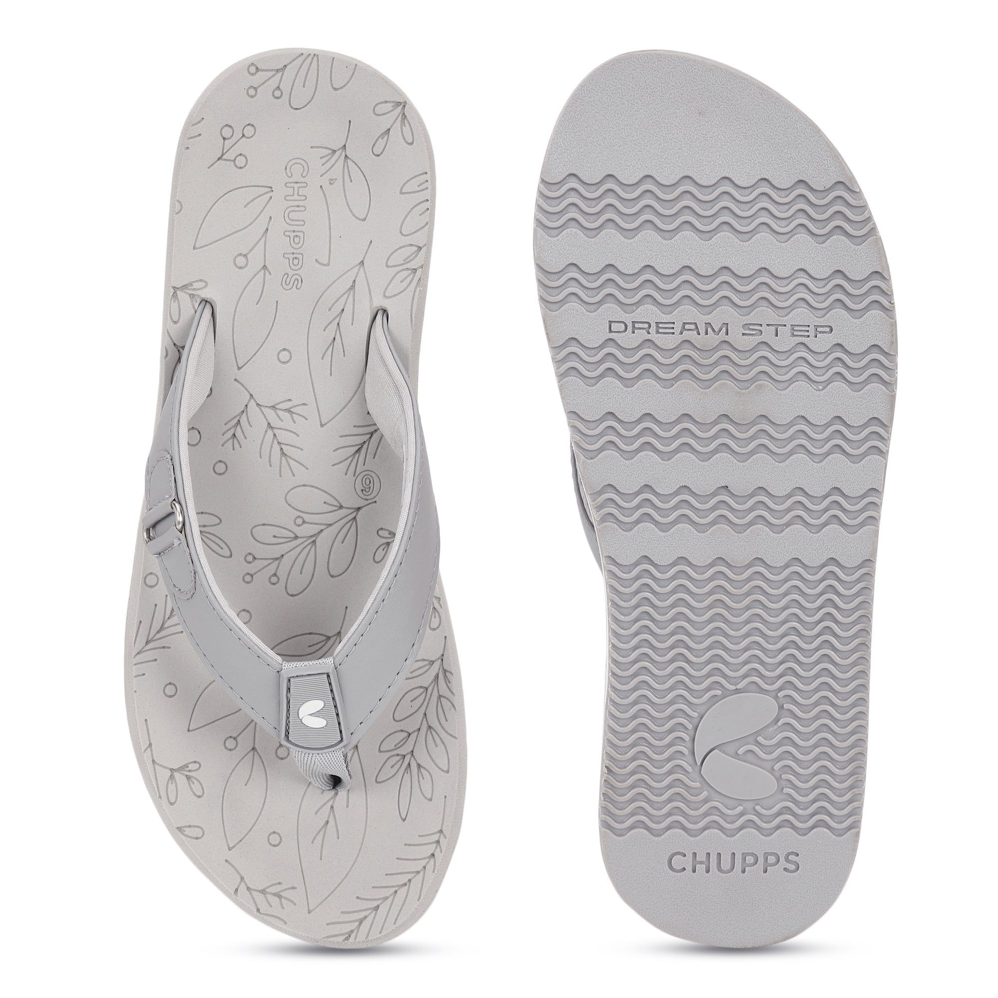 Comfortable grey V-strap flip-flops showing ergonomic sole design